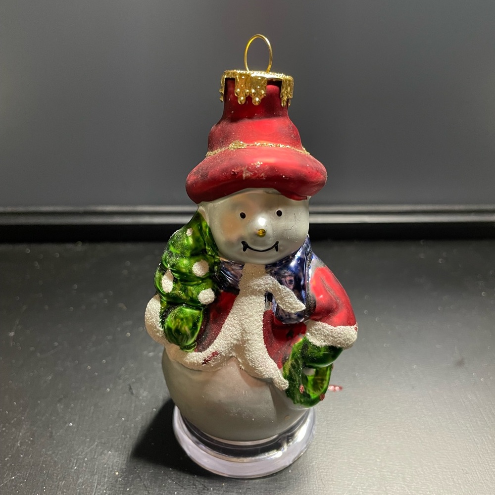 Glass Snowman Vintage Ornaments By G&D 4” Red Hat & Jacket W/ Tree & Wreath